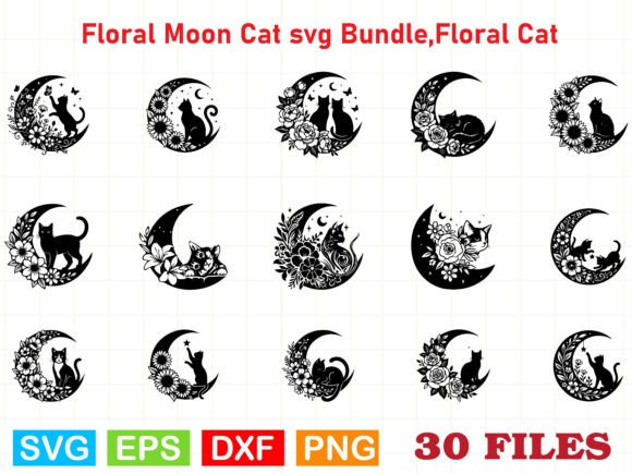 Floral Moon Cat SVG Bundle, Floral Cat